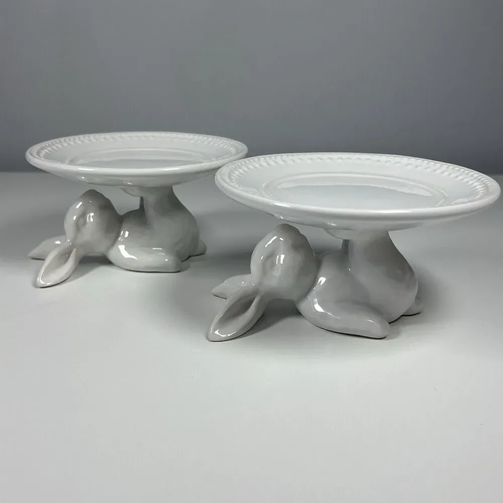 Pottery Barn Easter Bunny Dessert Cupcake Stand White Glazed Stoneware Set